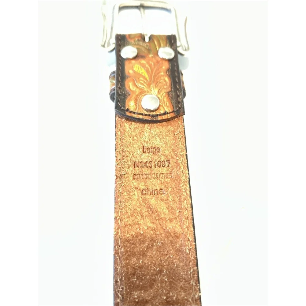 Nocona Womens Floral Tooled Leather Belt Rhinestone Hibiscus Western Brown Large